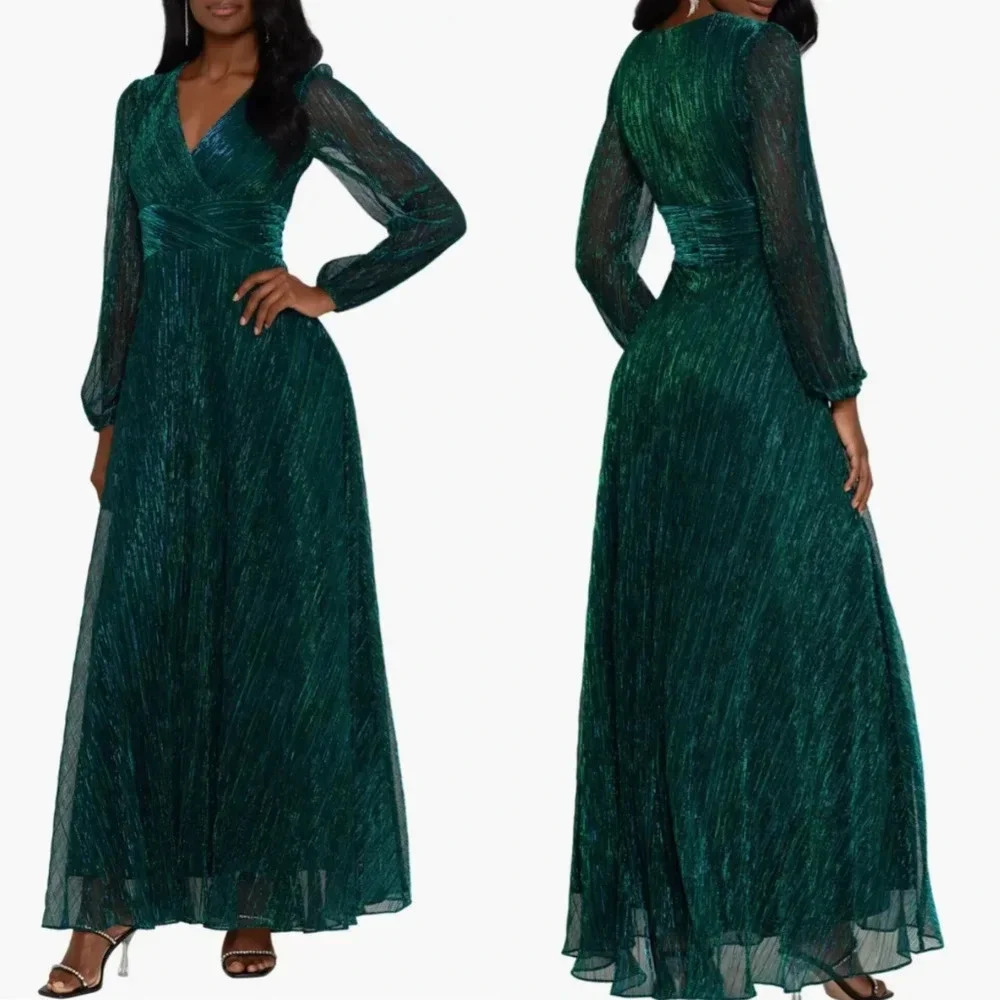 Betsy & Adam Metallic Long Sleeve Gown in Jade Wedding Party Guest Holiday NWT